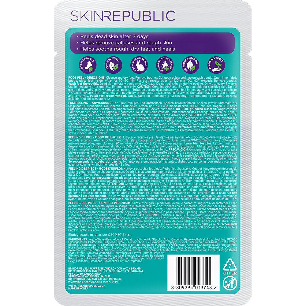 Verpackung für ein Peeling Produkt zur Fußpflege. Textbeschreibungen und Inhaltsstoffe sind aufgedruckt. Logos zeigen Vorteile.