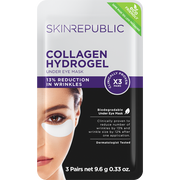 Packung Skin Republic Collagen Hydrogel Augenmasken verspricht 13% weniger Falten, ist biologisch abbaubar und dermatologisch getestet. Ein Bild einer Frau mit den Masken ist ebenfalls zu sehen.