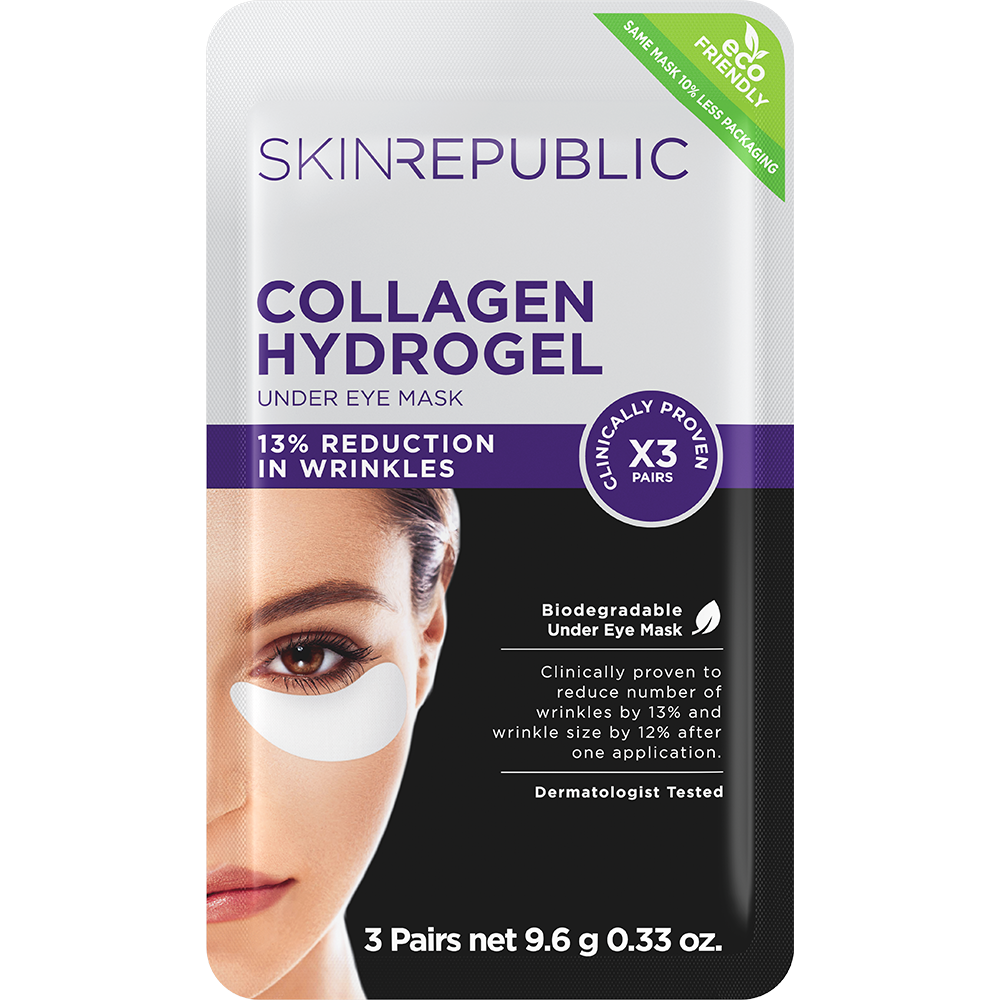 Packung Skin Republic Collagen Hydrogel Augenmasken verspricht 13% weniger Falten, ist biologisch abbaubar und dermatologisch getestet. Ein Bild einer Frau mit den Masken ist ebenfalls zu sehen.