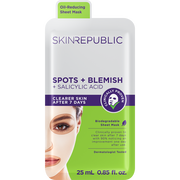 Skin Republic "Oil-Reducing Sheet Mask" mit "Spots + Blemish + Salicylic Acid". Frau mit Blattmaske auf der Verpackung, verspricht "Klarere Haut nach 7 Tagen". Beschriftet mit "Biologisch abbaubar" und "Dermatologisch getestet".