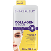 Verpackung der Skin Republic Collagen Infusion Anti-Aging Sheet Mask. Sie enthält den Produktnamen, Angaben zur verbesserten Elastizität und eine Frau, die die Maske aufträgt. Die Verpackung ist weiß mit gelben Details.