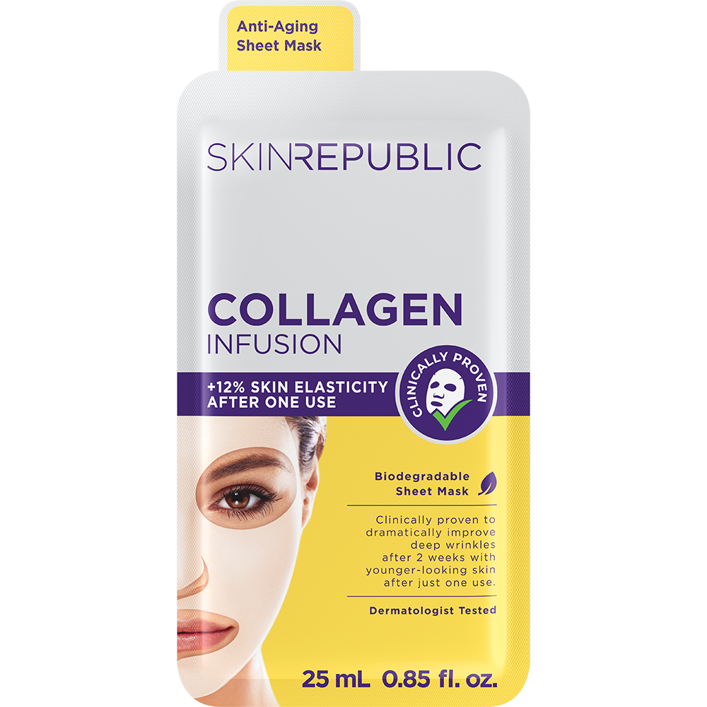 Verpackung der Skin Republic Collagen Infusion Anti-Aging Sheet Mask. Sie enthält den Produktnamen, Angaben zur verbesserten Elastizität und eine Frau, die die Maske aufträgt. Die Verpackung ist weiß mit gelben Details.