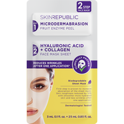 Verpackung einer 2-Step Gesichtsmaske mit Hyaluron und Collagen. Frau mit Tuchmaske auf gelbem Grund. Schriftzug: Skin Republic.