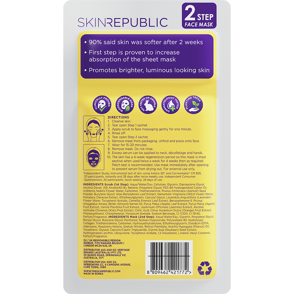 Verpackung einer Zwei-Schritt-Gesichtsmaske von Skin Republic. Sie ist violett, weiß und gelb mit Anweisungen und Inhaltsstoffen.