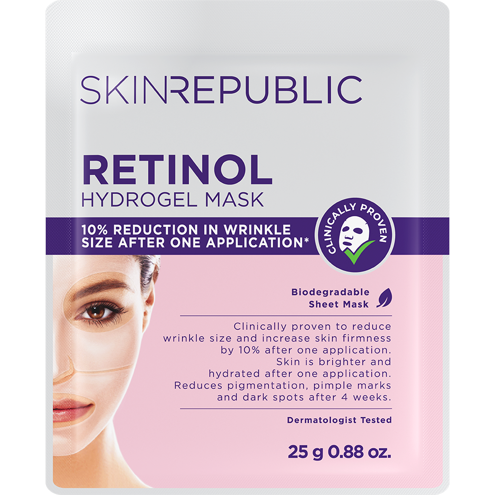 Verpackung der SKIN REPUBLIC Retinol Hydrogel Gesichtsmaske. Frau mit Maske im Gesicht ist abgebildet. Text: Retinol, Hydrogel Mask, Anti-Aging Pflege.