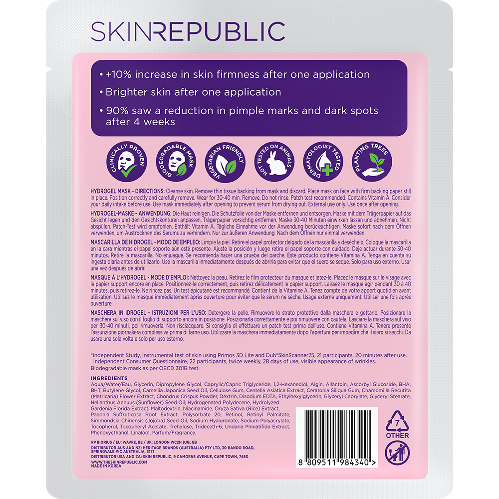 Verpackung einer Gesichtsmaske mit Text auf Englisch, Deutsch, Spanisch, Französisch und Italienisch. Das Logo der Marke steht oben. Angaben zu Vorteilen und Inhaltsstoffen sind aufgelistet.