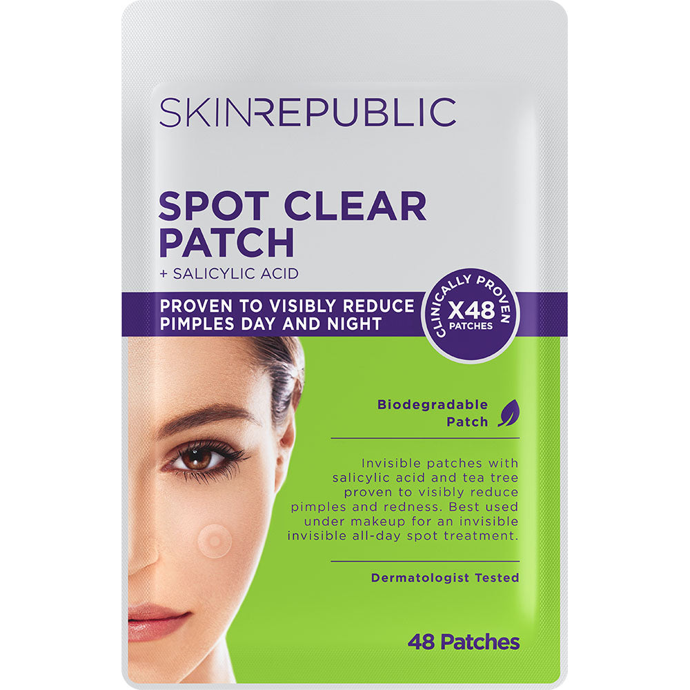Verpackung der SKIN REPUBLIC Spot Clear Patches mit Frauengesicht. Anti-Pickel-Patches mit Salicylsäure zur Reduzierung von Hautunreinheiten.