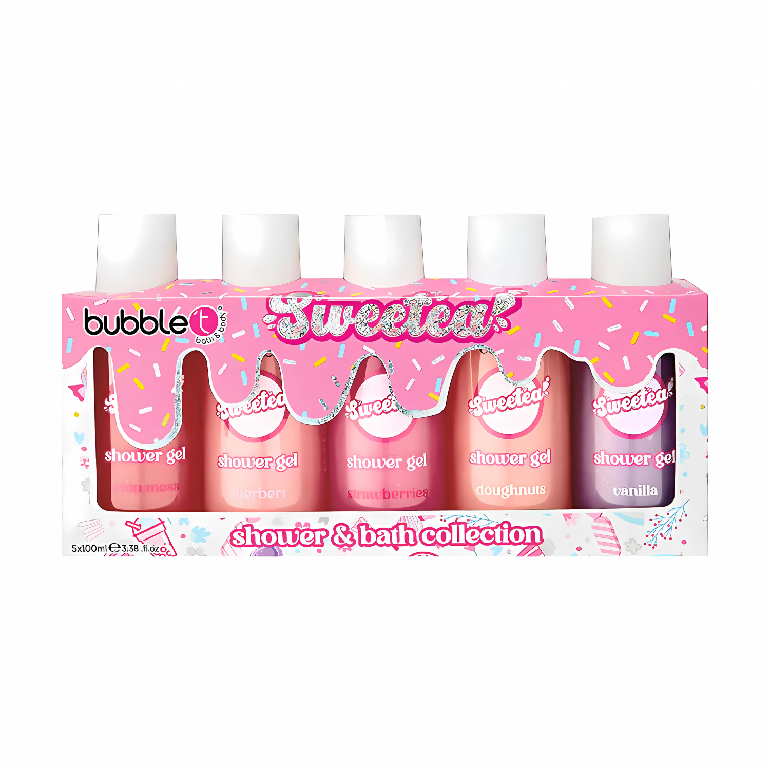 Geschenkset mit fünf Duschgelen in rosa Verpackung. Die Duschgele haben unterschiedliche Farbnuancen von Rosa bis Lila und sind beschriftet. "Sweetened" steht auf der Packung.