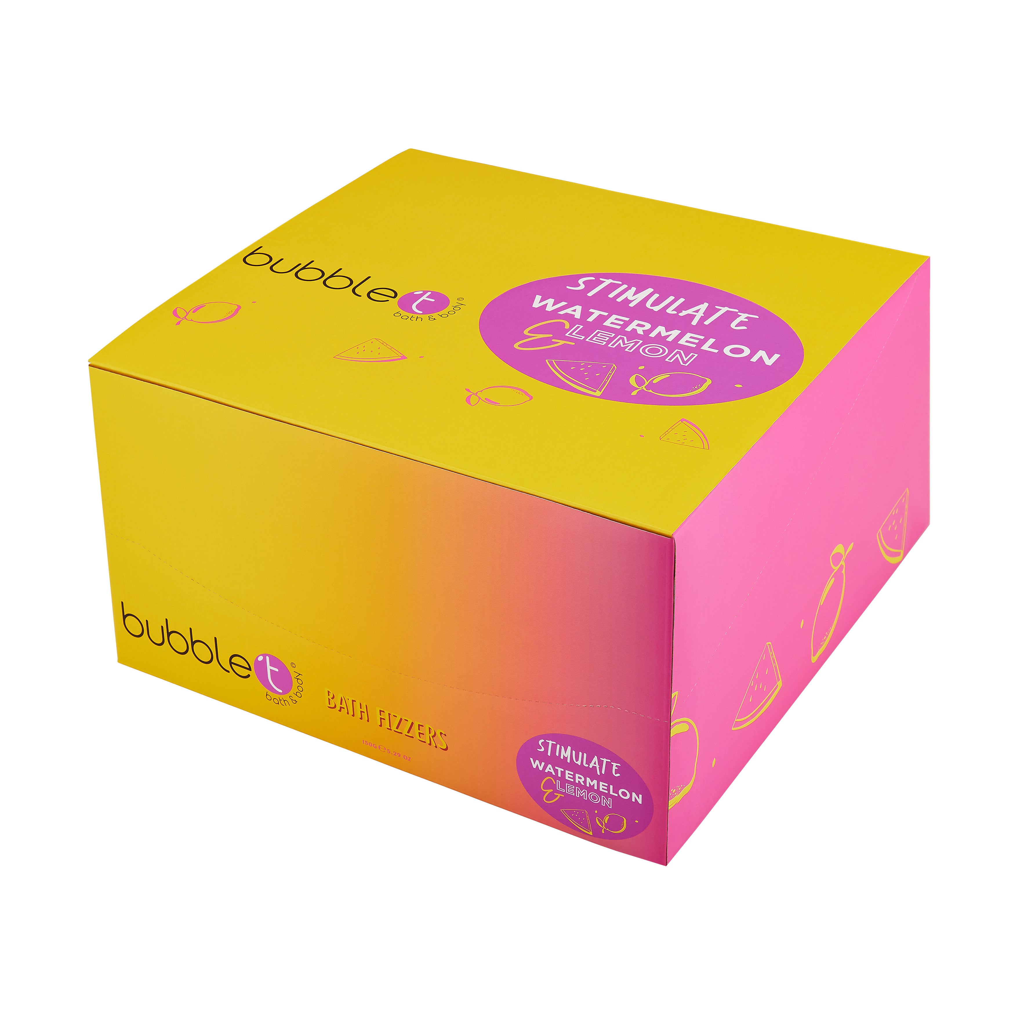 Eine Schachtel mit Bubble T Badesprudlern, auf deren Seiten "Stimulate Watermelon & Lemon" steht. Die Schachtel hat einen Farbverlauf von gelb zu rosa, mit Abbildungen von Wassermelonen- und Zitronenscheiben.