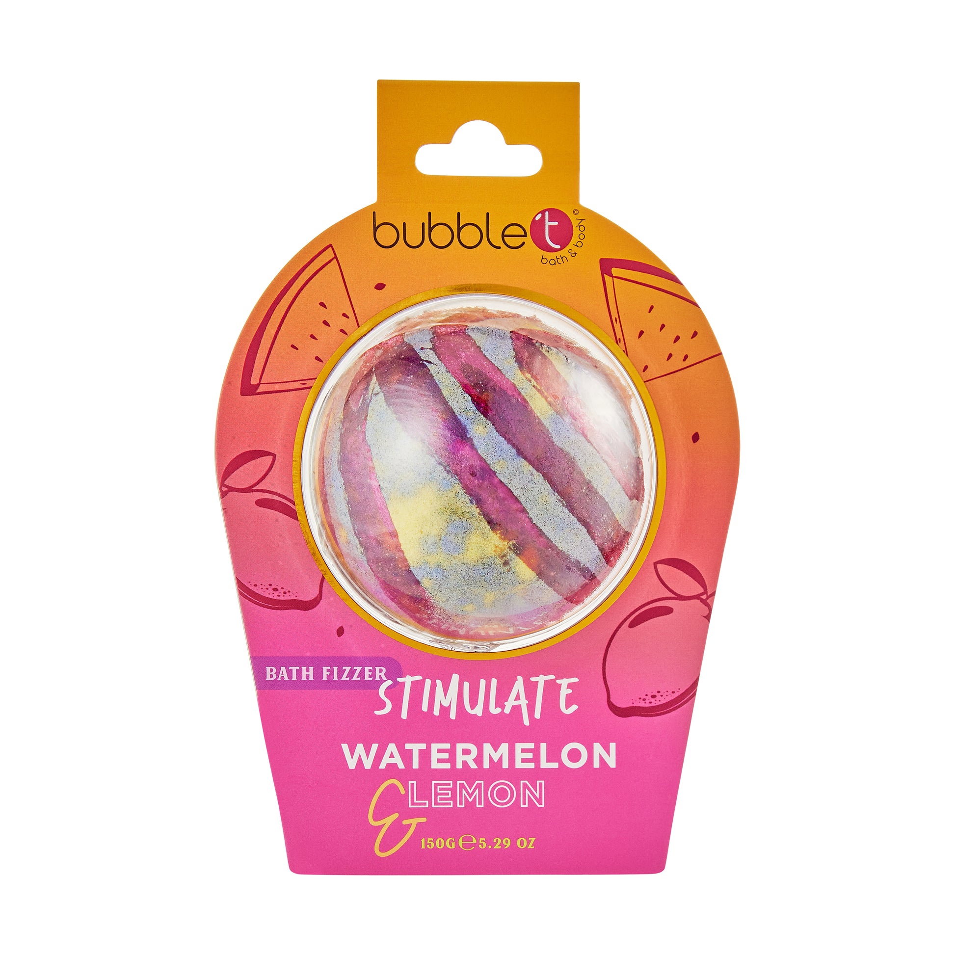 Bubble T Wassermelone und Zitrone Bad Fizzer. Die Verpackung zeigt eine runde Badebombe mit rosa, goldenen und silbernen Streifen.  Die Verpackung ist rosa und orange mit einem Wassermelonenscheibenmotiv. Der Markenname steht oben auf der Verpackung.
