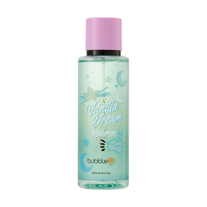 Ein klarer, zylindrischer Flakon von "Vanilla Dream" Körpernebel mit einem lavendelfarbenen Verschluss. Er hat eine hellblaue Flüssigkeit und ist mit einem Mond, Sternen, Vanilleblumen und Lippenillustrationen verziert.