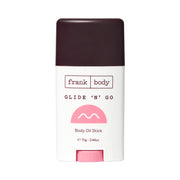 FRANK BODY Glide 'n' Go Body Oil Stick im weiß-braunen Spender mit rosa Details auf weißem Hintergrund