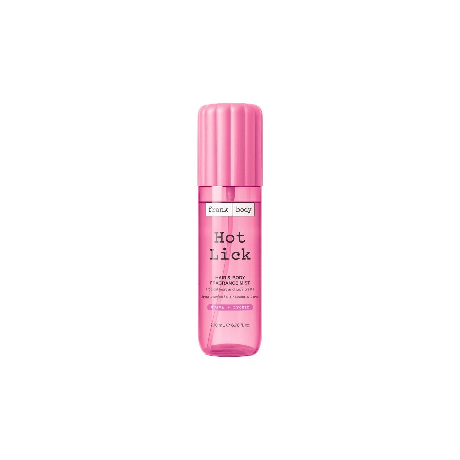 Flacone trasparente rosa del profumo per capelli e corpo FRANK BODY Hot Lick su sfondo bianco