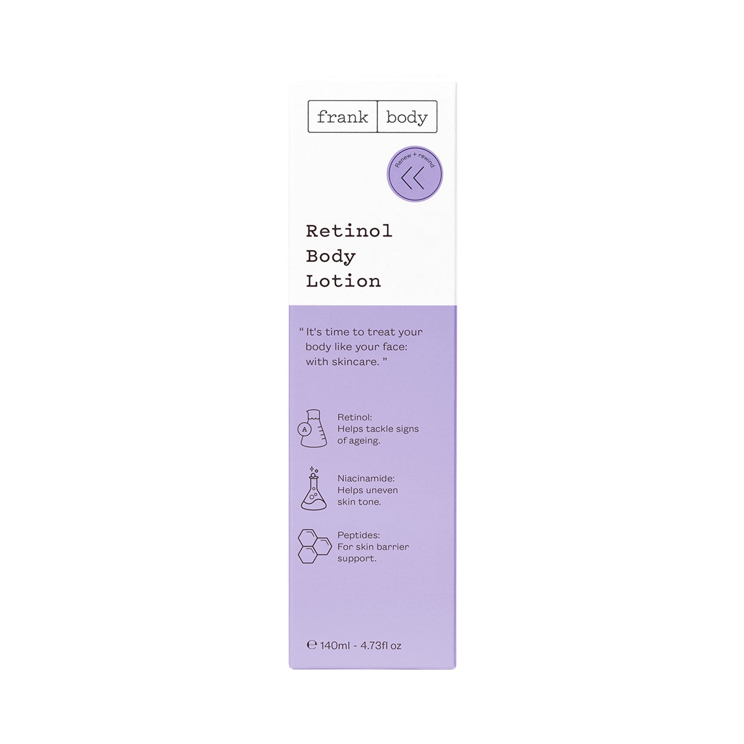 Vorderseite der weiß-lila Verpackung der FRANK BODY Retinol Body Lotion 140ml vor weißem Hintergrund
