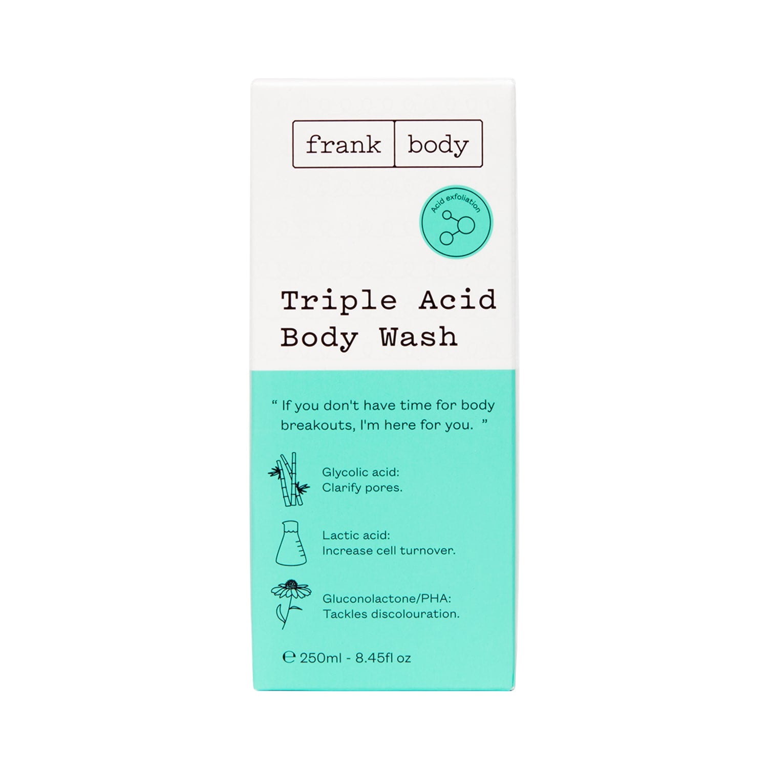 Embalagem branca e verde-menta do gel de banho FRANK BODY Triple Acid, vista frontal