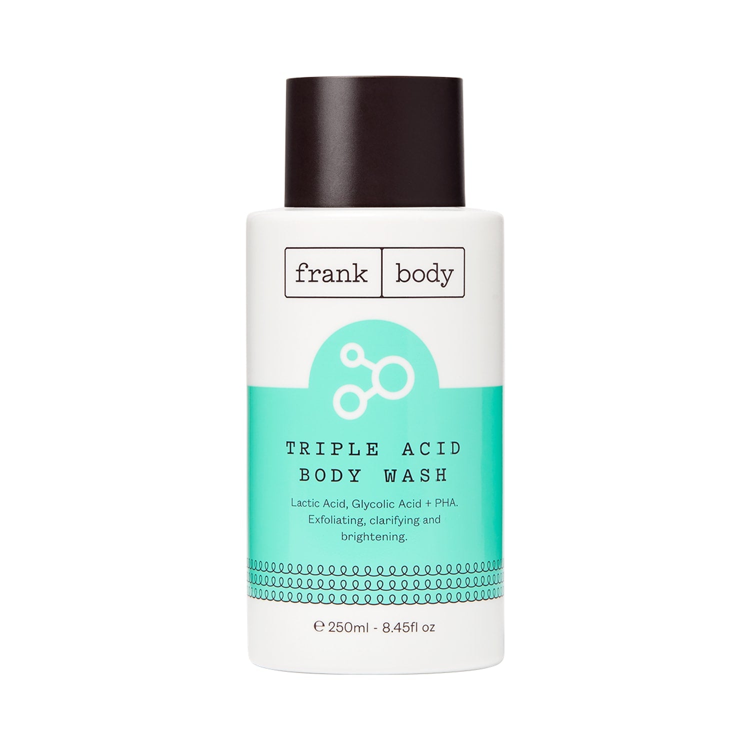 Gel de banho FRANK BODY Triple Acid num frasco branco de 250 ml com rótulo turquesa e tampa castanha