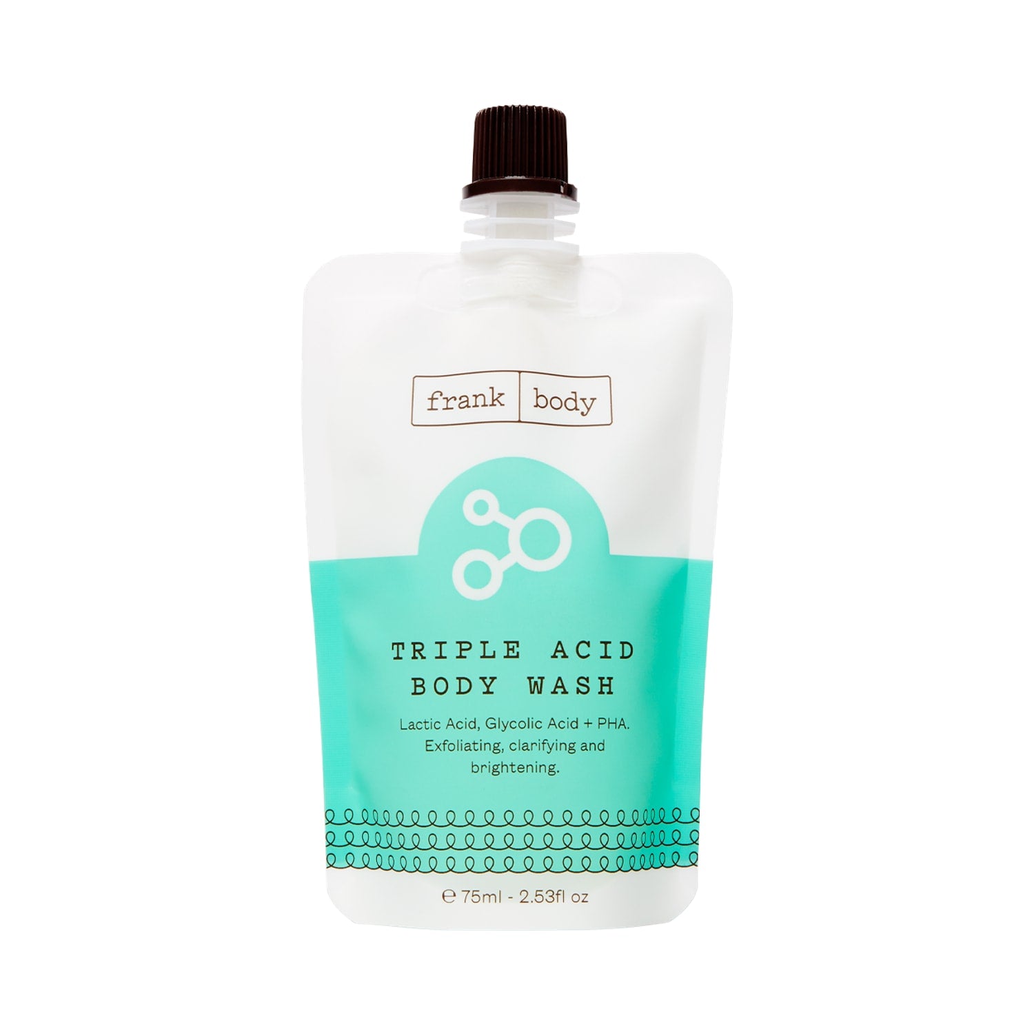 Gel de banho FRANK BODY Triple Acid num frasco flexível branco e turquesa de 75 ml, ideal para viagens, sobre fundo branco