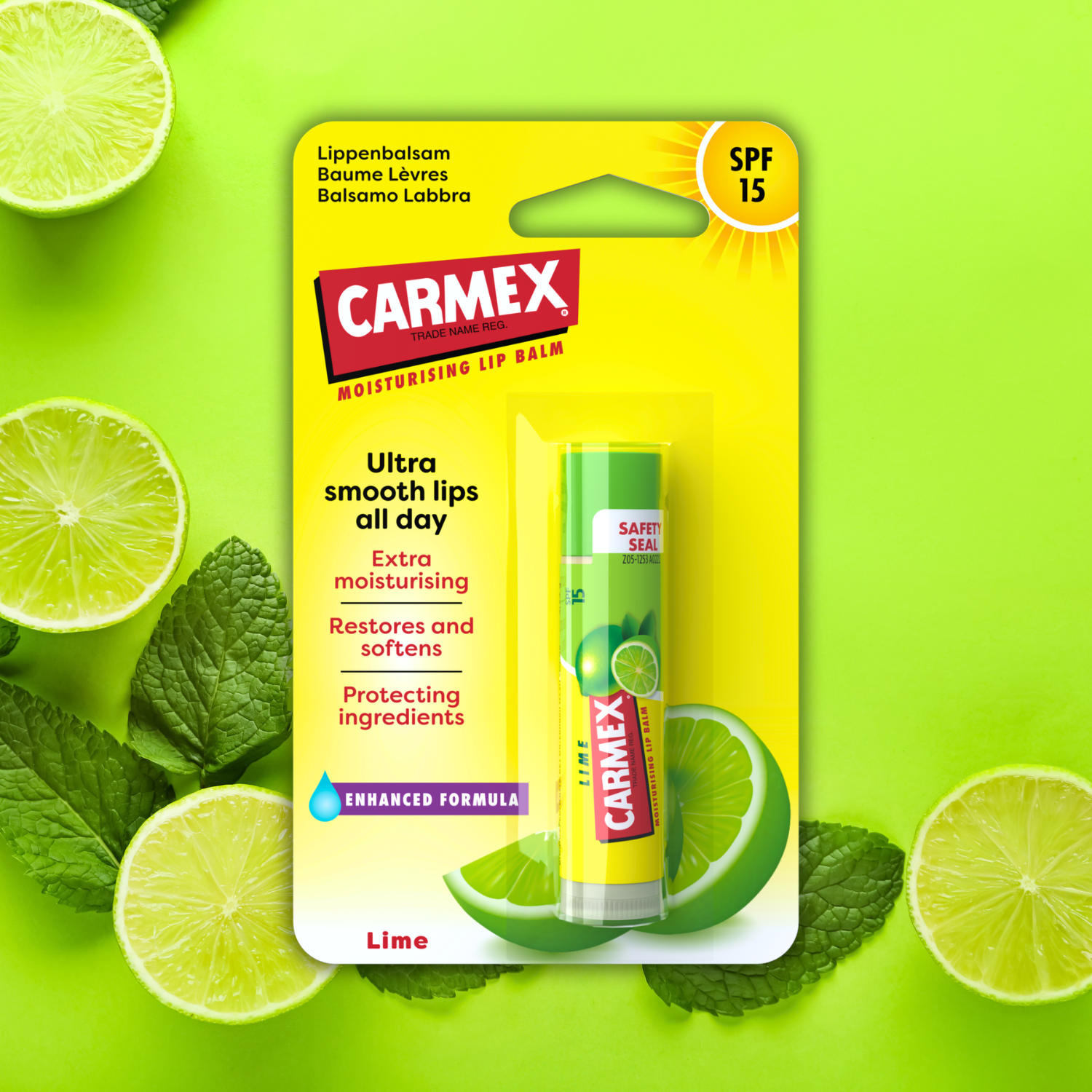 Carmex Stick Lime Lippenbalsam mit SPF 15 in Verpackung. Limetten- und Minz-Dekoration auf hellgrünem Hintergrund.