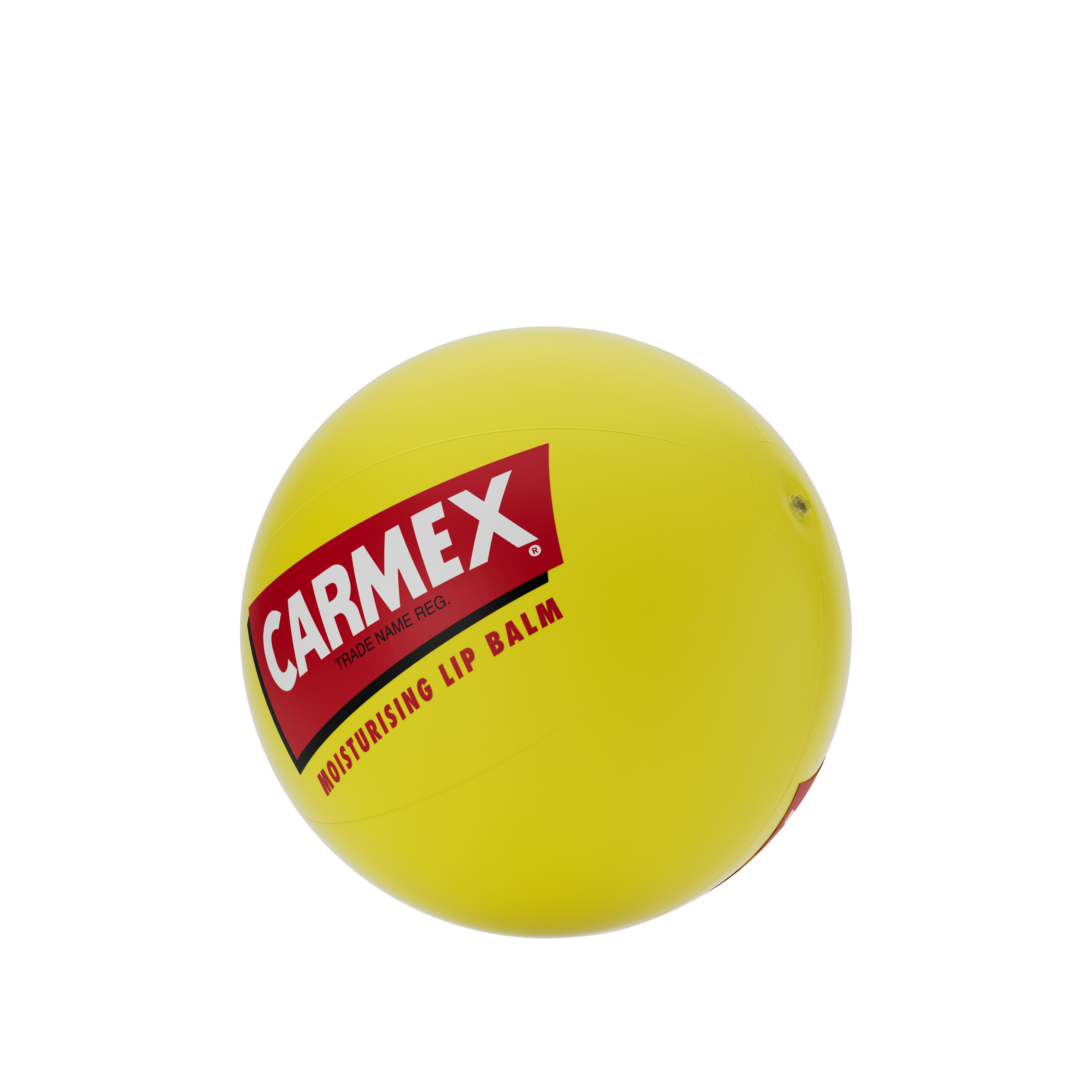 Gelber CARMEX Beach Ball mit rotem Logoaufdruck. Aufblasbarer Wasserball für Sommer, Strand und Events.