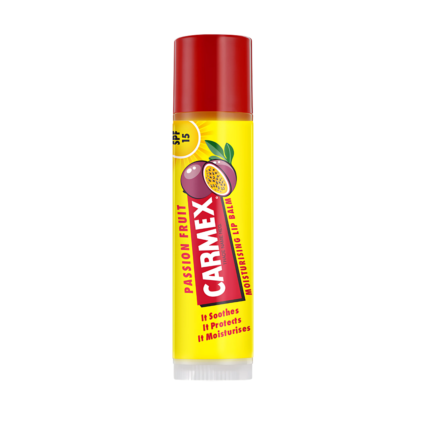 Ein gelber Lippenpflegestift mit roter Kappe, beschriftet mit "Carmex Passion Fruit" und einer Passionsfrucht-Abbildung. SPF 15 ist auch angegeben.