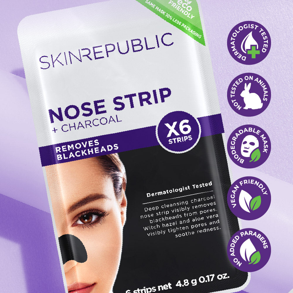 Verpackung von Skinrepublic Nasenstrips mit Holzkohle, die Mitesser entfernt. Eine Frau trägt einen schwarzen Nasenstreifen. Abzeichen weisen auf tierversuchsfreie, vegane und parabenfreie Inhaltsstoffe hin.
