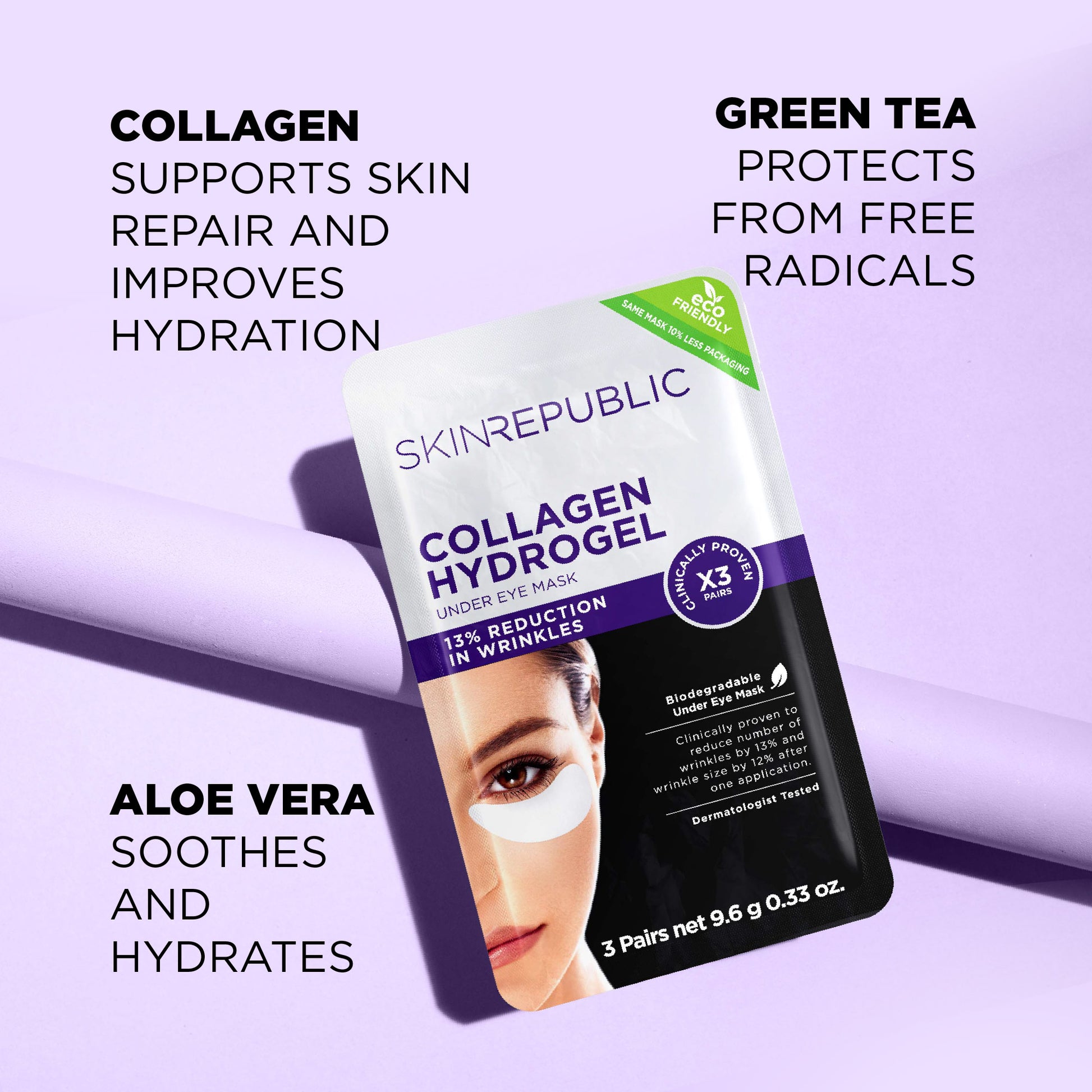 Nahaufnahme einer Collagen Hydrogel Augenmasken-Verpackung. Die Packung zeigt eine Frau mit Augenmasken und verspricht Faltenreduktion. Text betont Inhaltsstoffe wie Aloe Vera und Grüntee.