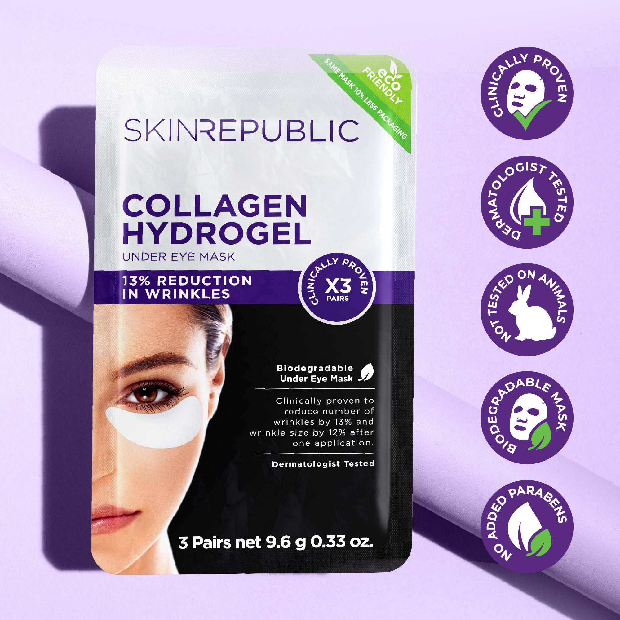 Verpackung Collagen Hydrogel Augenmaske von Skin Republic.  Aufgedruckt: Gesicht einer Frau mit weißen Augenmasken. Slogan: Reduktion von Falten. Logos: Klinisch getestet, Dermatologisch getestet, Tierversuchsfrei.