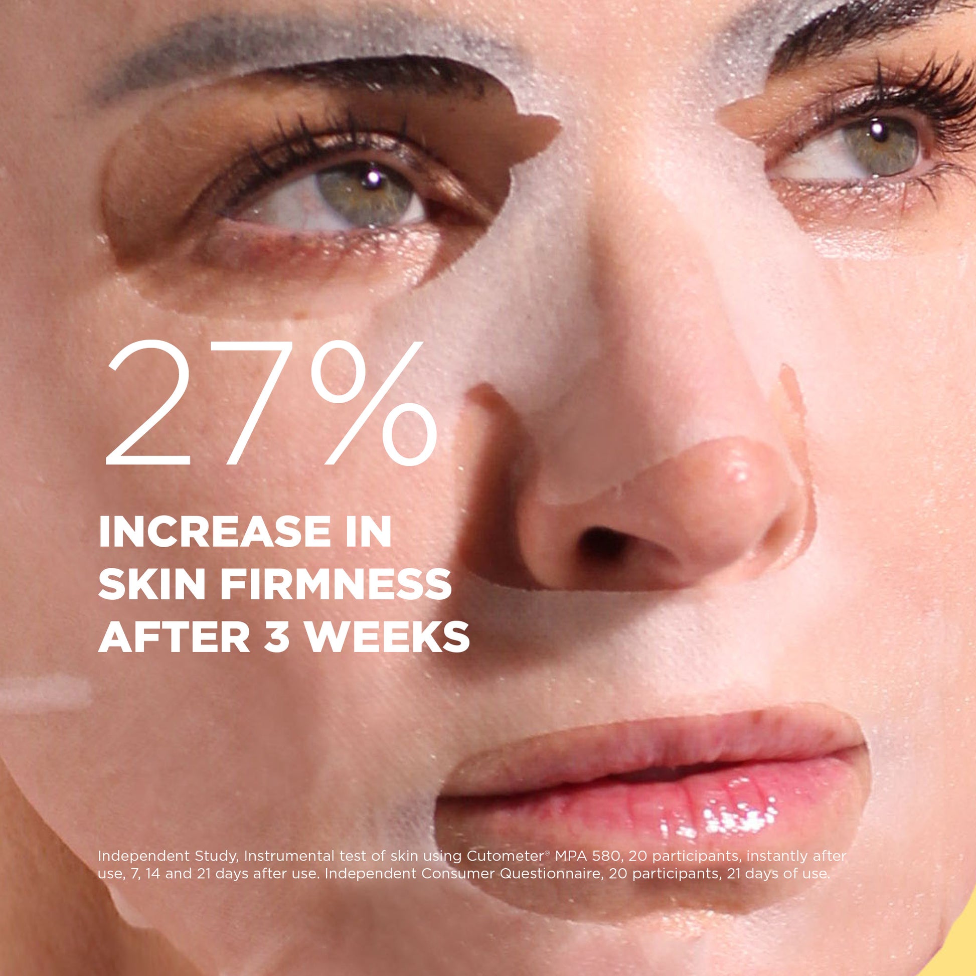 Eine Frau trägt eine Collagen-Gesichtsmaske. Text: 27% Steigerung der Hautfestigkeit nach 3 Wochen.