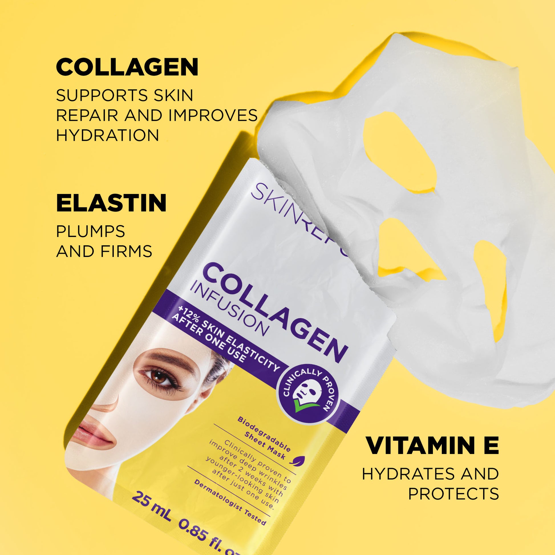 Eine Collagen Infusion Gesichtsmaske liegt vor einer entfalteten Maske mit Augen-, Nasen- und Mundlöchern. Der Hintergrund ist gelb. Auf der Verpackung ist eine Frau mit Maske abgebildet.