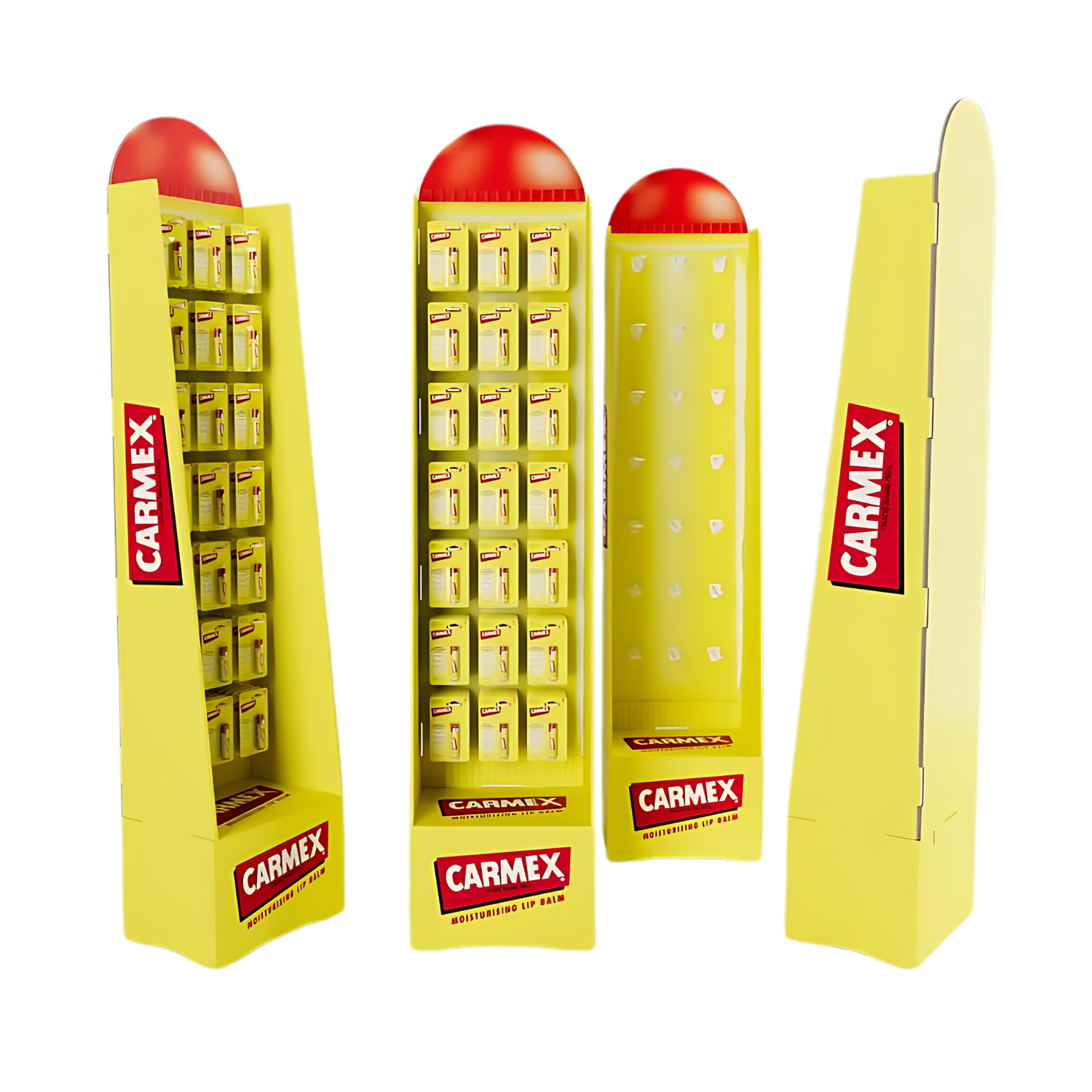 Quatro imagens do expositor de chão CARMEX Floorstand em cartão, vazio e com embalagens blister de bálsamo labial