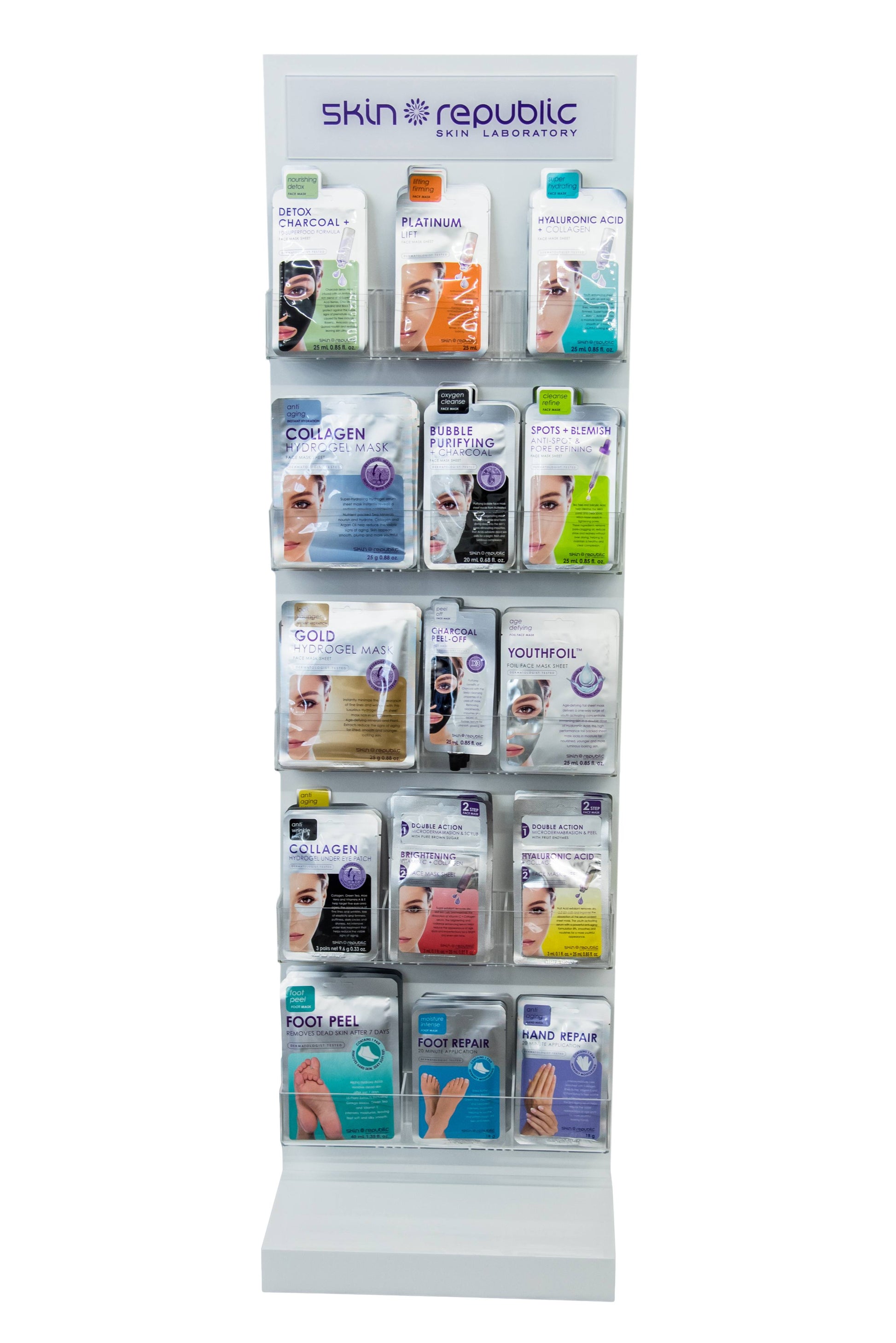Expositor branco da SKIN REPUBLIC com várias máscaras faciais e produtos para o cuidado das mãos e dos pés
