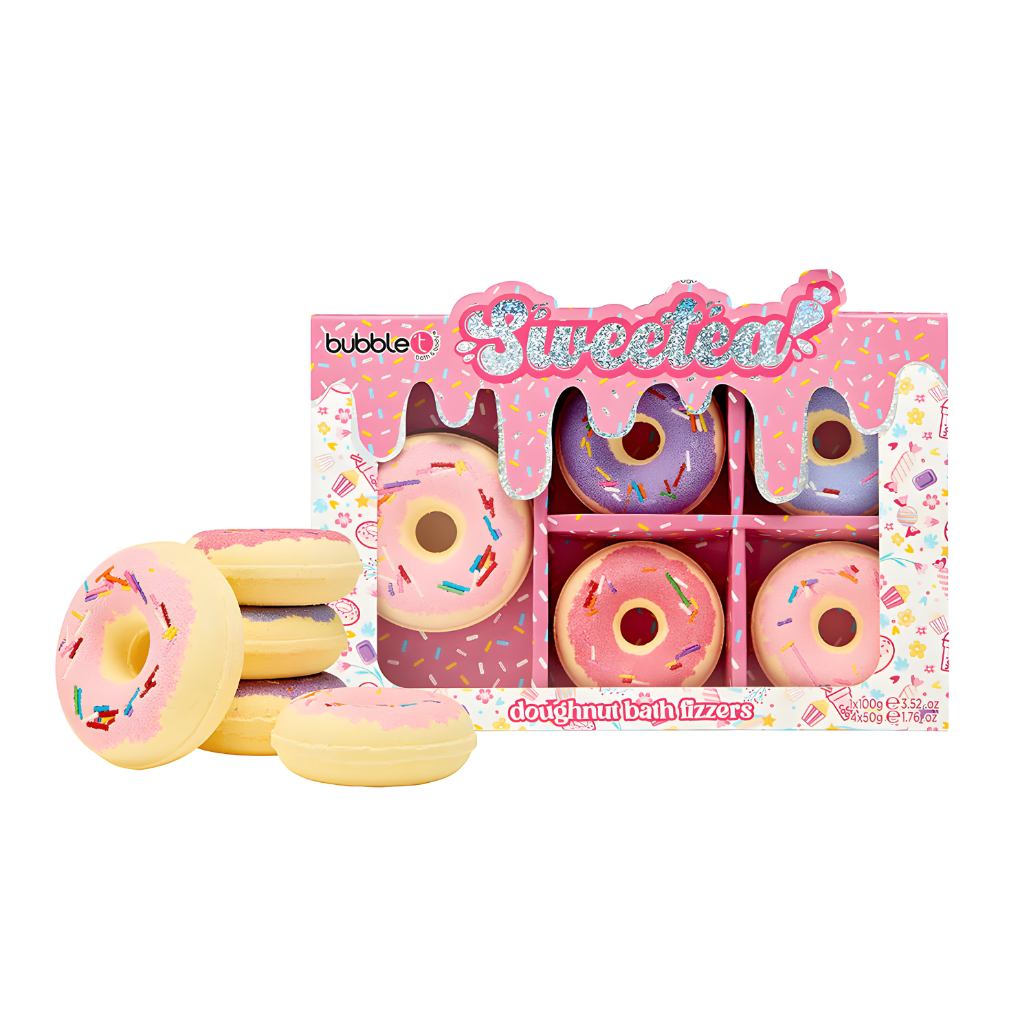 Geschenkset: Bubble T Donut Badebomben, sechs Stück. Bunte Badebomben in Donut-Form, gestapelt und in Geschenkbox mit "Sweetea" Schriftzug.