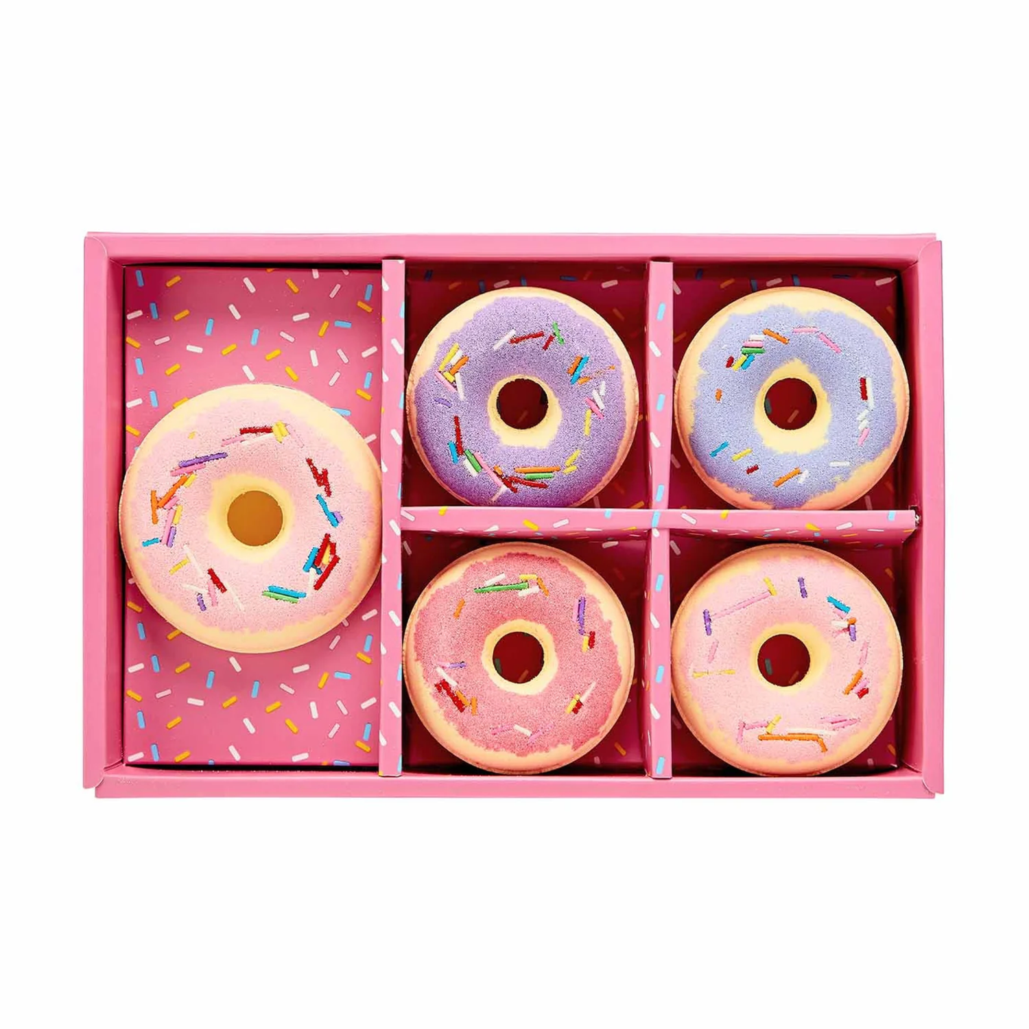 Geschenkset: Sechs Donut-Badebomben in rosa Geschenkbox mit bunten Streuseln. Die Badebomben sind rosa, lila und in Donut-Form.