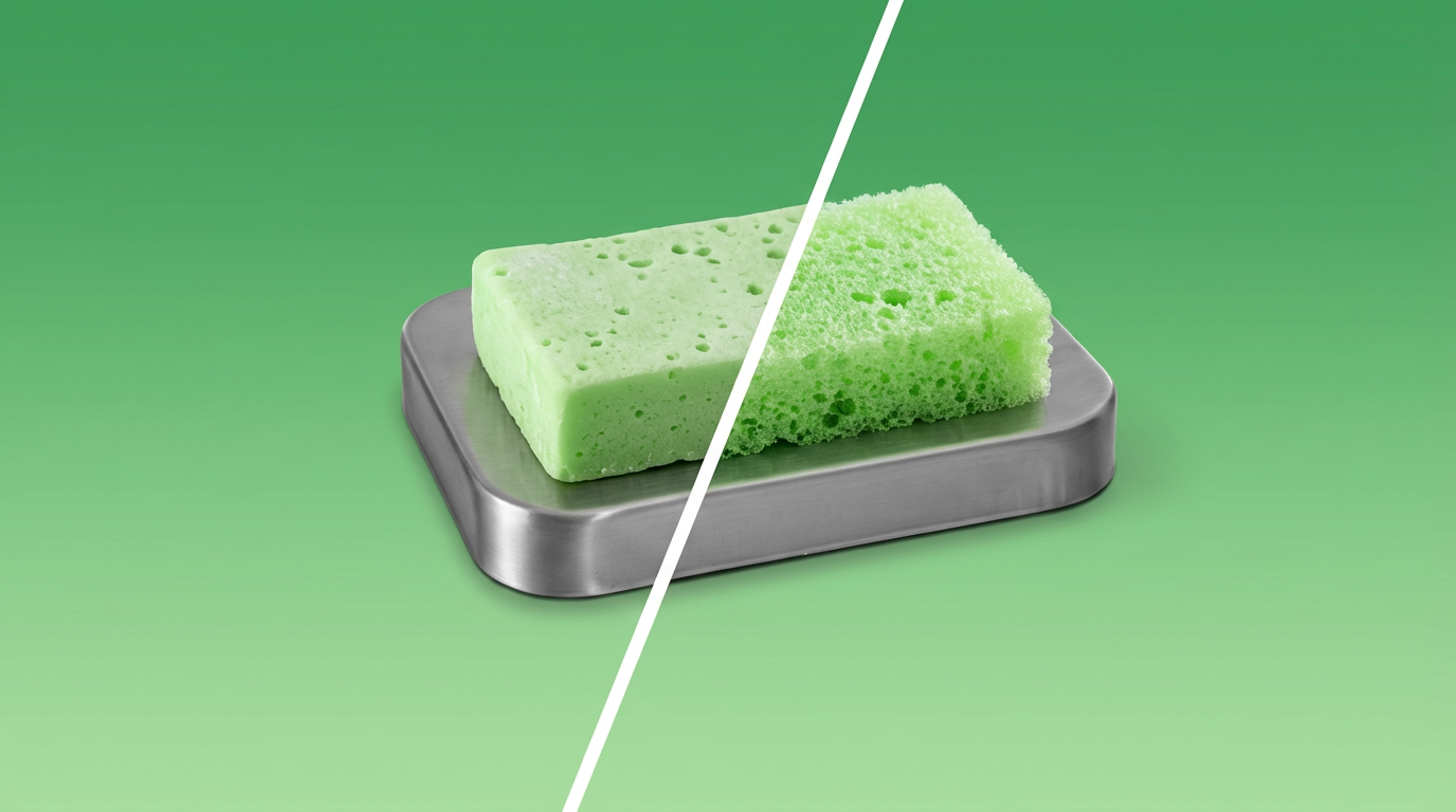 Grüner Schwamm auf metallischer Ablage, diagonal geteilt: Links feine, glatte Textur, rechts grobporig, auf grünem Hintergrund.