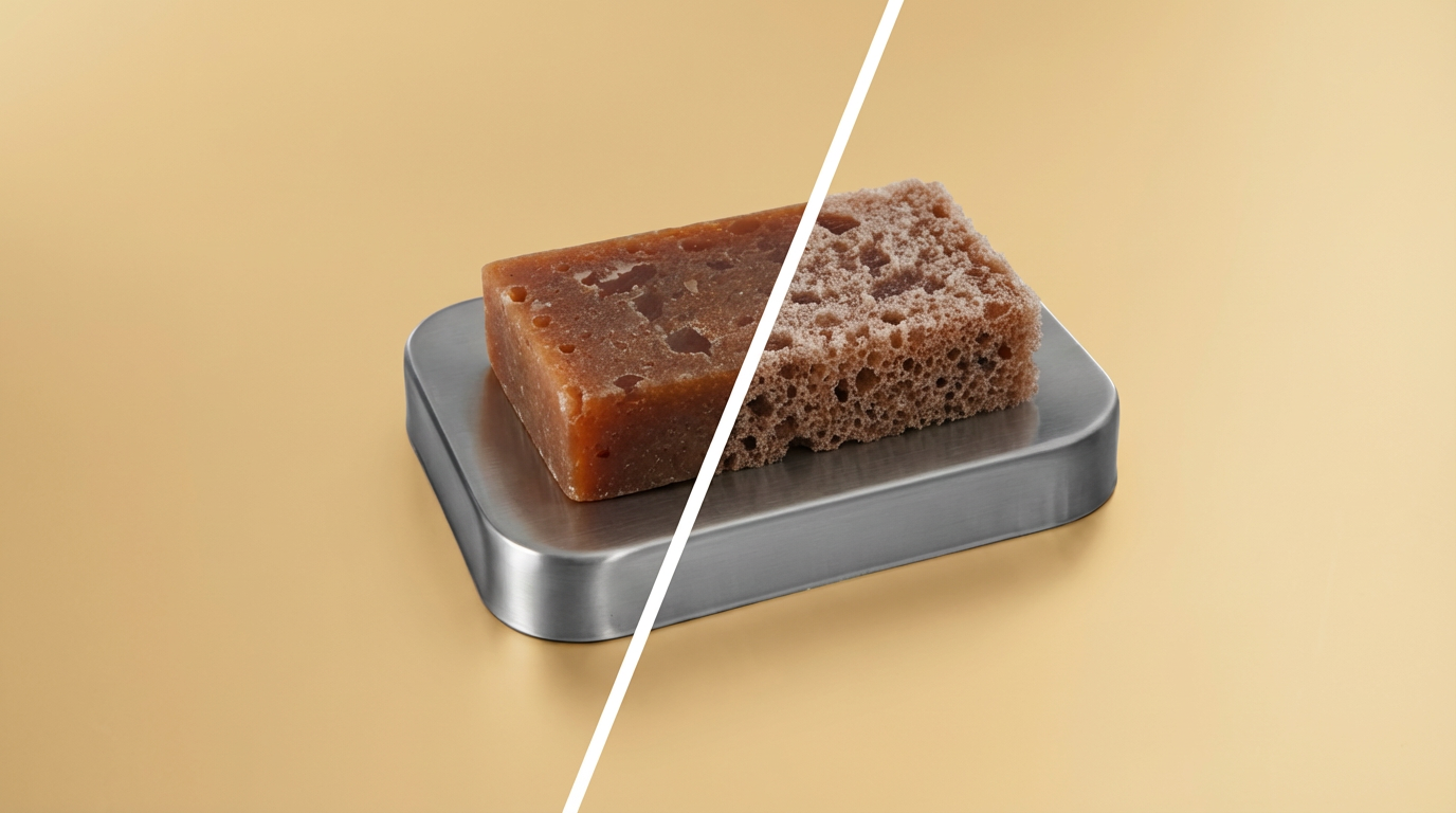 Ein Stück Seife liegt auf einer Ablage, geteilt durch eine Linie, die eine Seite glatt und die andere porös zeigt. Der Hintergrund ist einfarbig hellbraun.