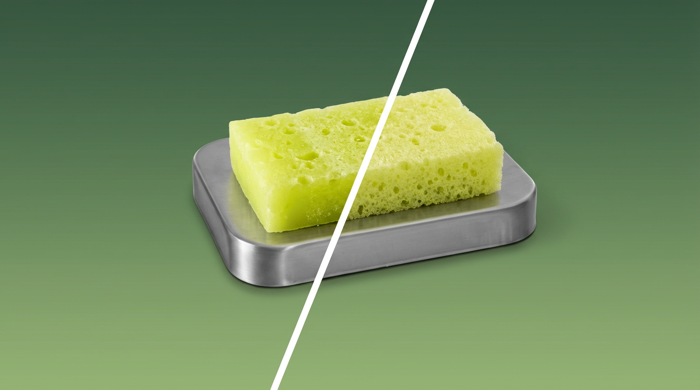 Ein rechteckiger, hellgrüner Schwamm liegt auf einer metallischen, rechteckigen Ablage vor einem grünen Hintergrund. Eine weiße Linie verläuft diagonal durch das Bild.