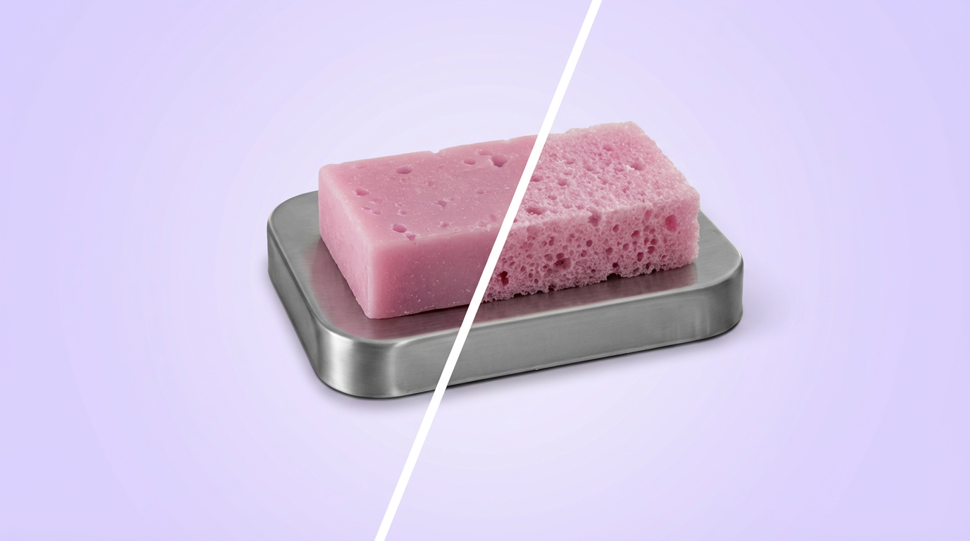 Ein rosa Seifenstück, geteilt durch eine Diagonale in glatte und poröse Hälften, liegt auf einer metallenen Seifenablage vor lila Hintergrund.