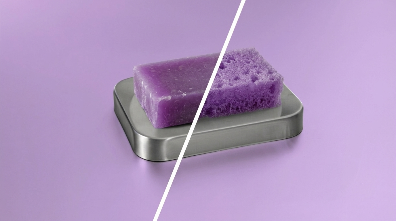 Lila Seife, halb glatt, halb porös, liegt auf einer silbernen Seifenablage vor lila Hintergrund. Eine diagonale Linie teilt die Seife.
