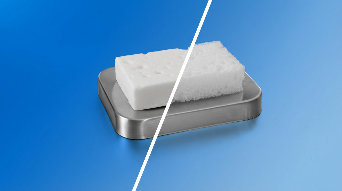 Auf einer Metallablage liegt ein weißer Schwamm, der diagonal geteilt ist. Die linke Hälfte ist ein Melamin-Reinigungsschwamm, die rechte ist ein Scheuerschwamm. Blauer Hintergrund.