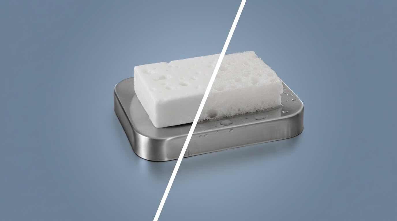 Ein weißer Schwamm liegt auf einer rechteckigen, silberfarbenen Metallablage. Wassertropfen sind auf der Ablage sichtbar. Das Ganze steht vor einem hellblauen Hintergrund.