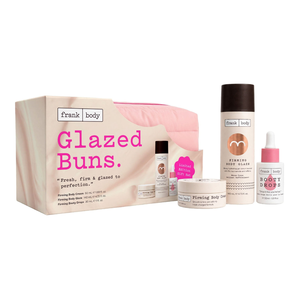 Le kit « Glazed Buns » de FRANK BODY, comprenant une crème pour le corps, un gel pour le corps, des gouttes pour les fesses, une trousse de toilette rose et un coffret cadeau