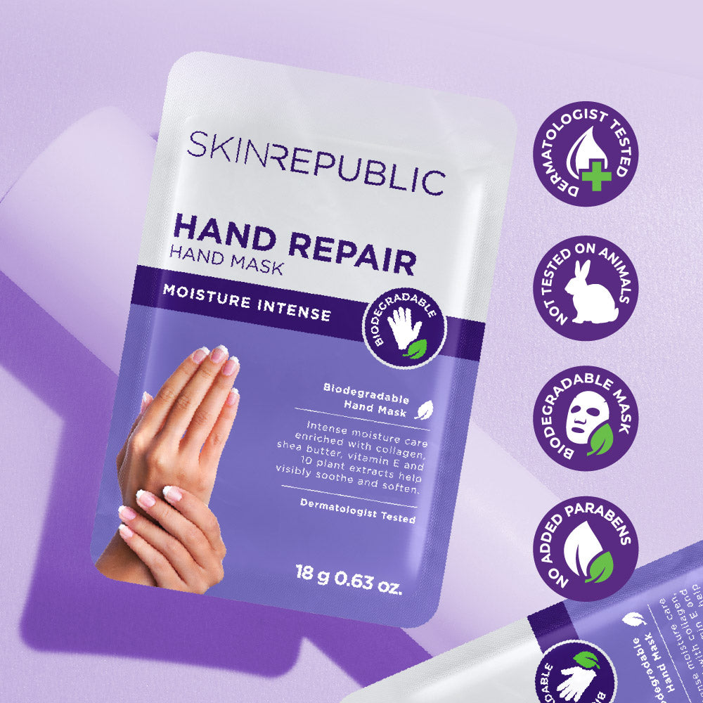 Verpackung einer Handmaske von Skin Republic. Die Packung ist weiß und lila. Darauf abgebildet sind Hände und Zeichen, dass das Produkt dermatologisch getestet und ohne Tierversuche ist.
