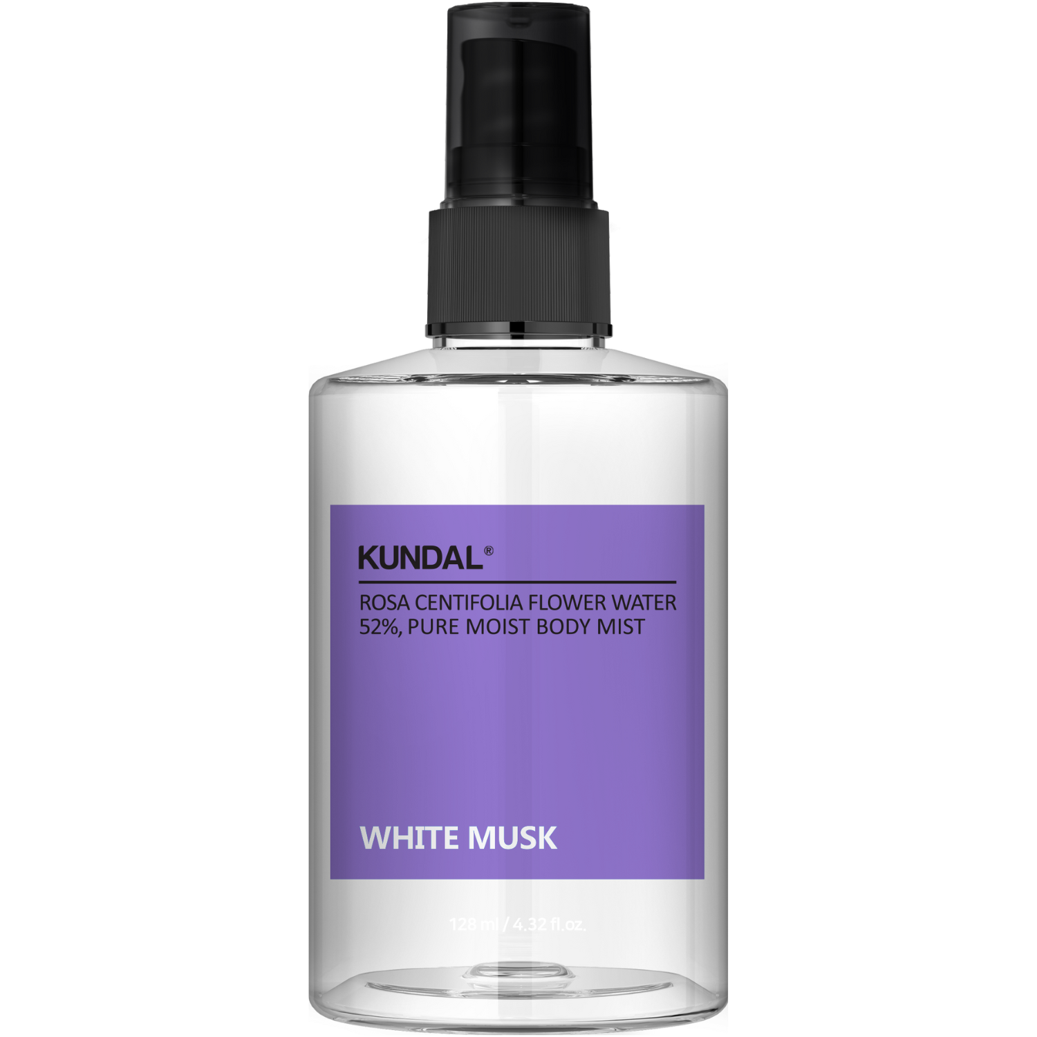 Eine durchsichtige, zylindrische Sprühflasche mit einem lila Etikett mit der Aufschrift "KUNDAL WHITE MUSK". Sie hat einen schwarzen Sprühkopf.