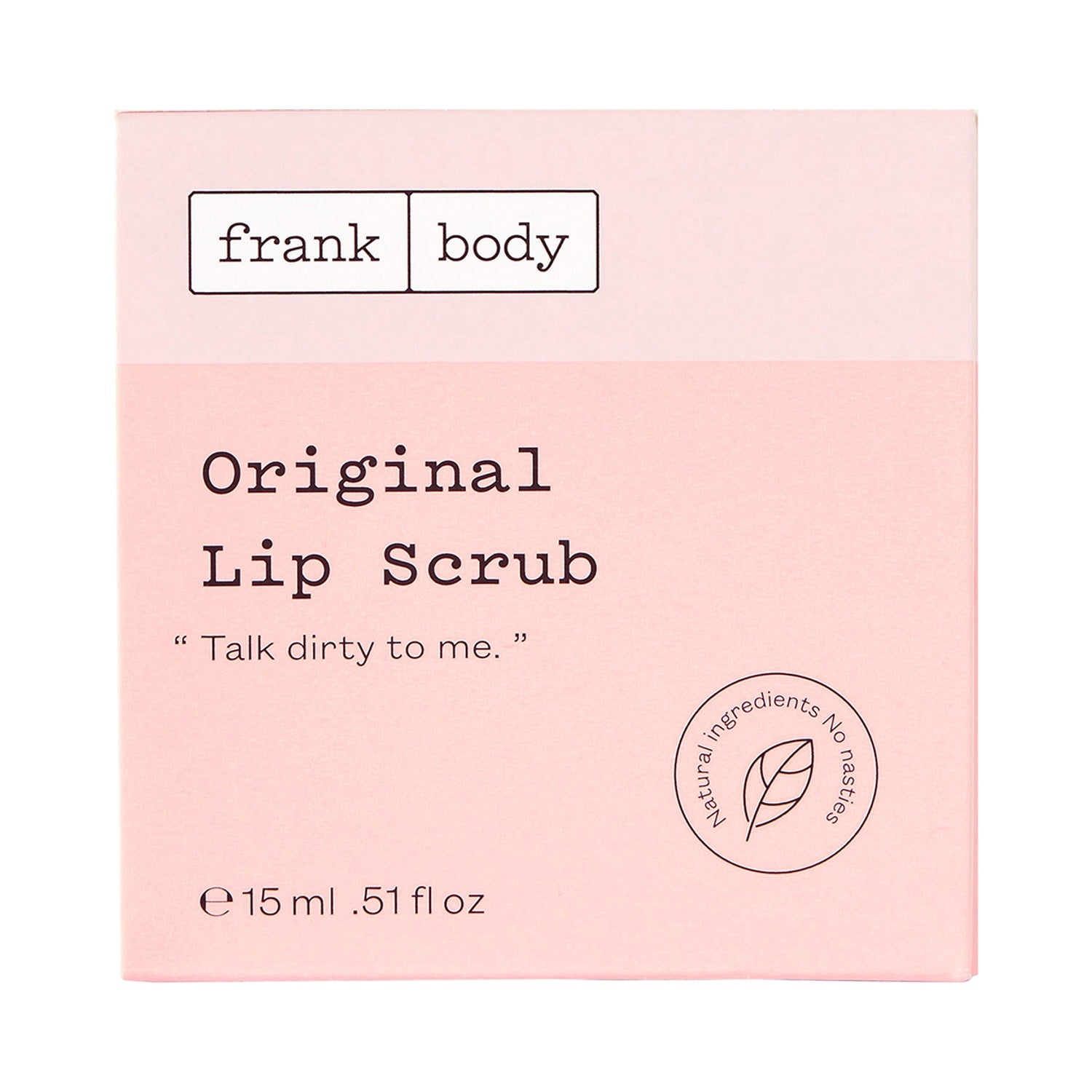 Embalagem rosa do esfoliante labial FRANK BODY Original Lip Scrub, vista frontal