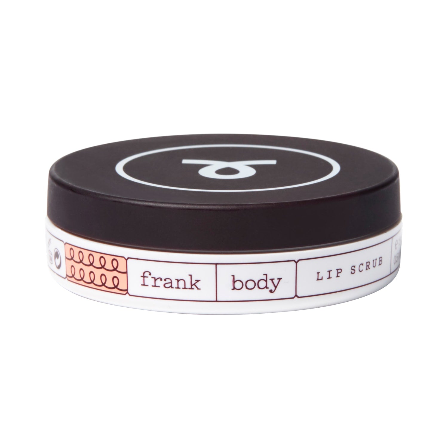 Pote achatado e redondo do FRANK BODY Lip Scrub com fita branca e tampa preta sobre fundo branco