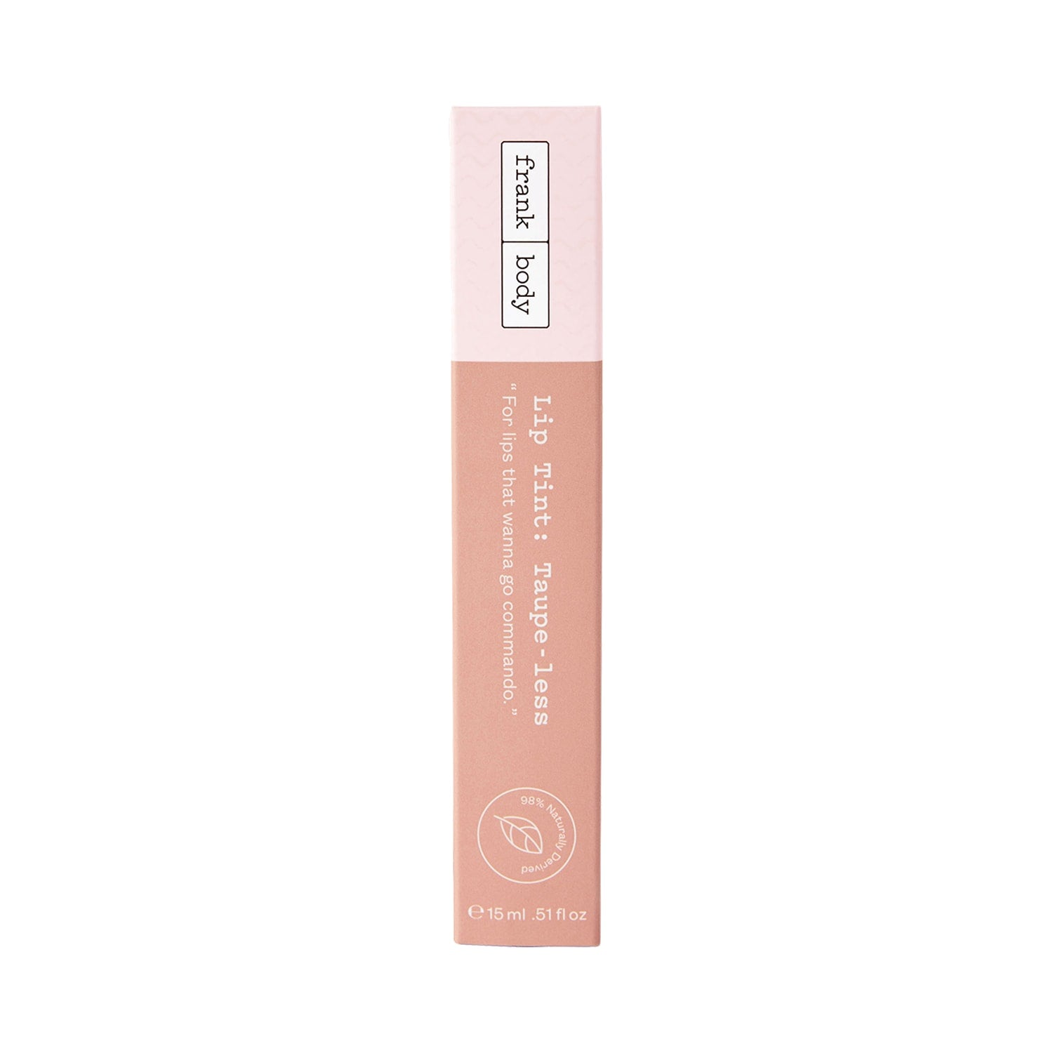 Embalagem rosa-bege do FRANK BODY Taupe-less Lip Tint 15 ml sobre fundo branco