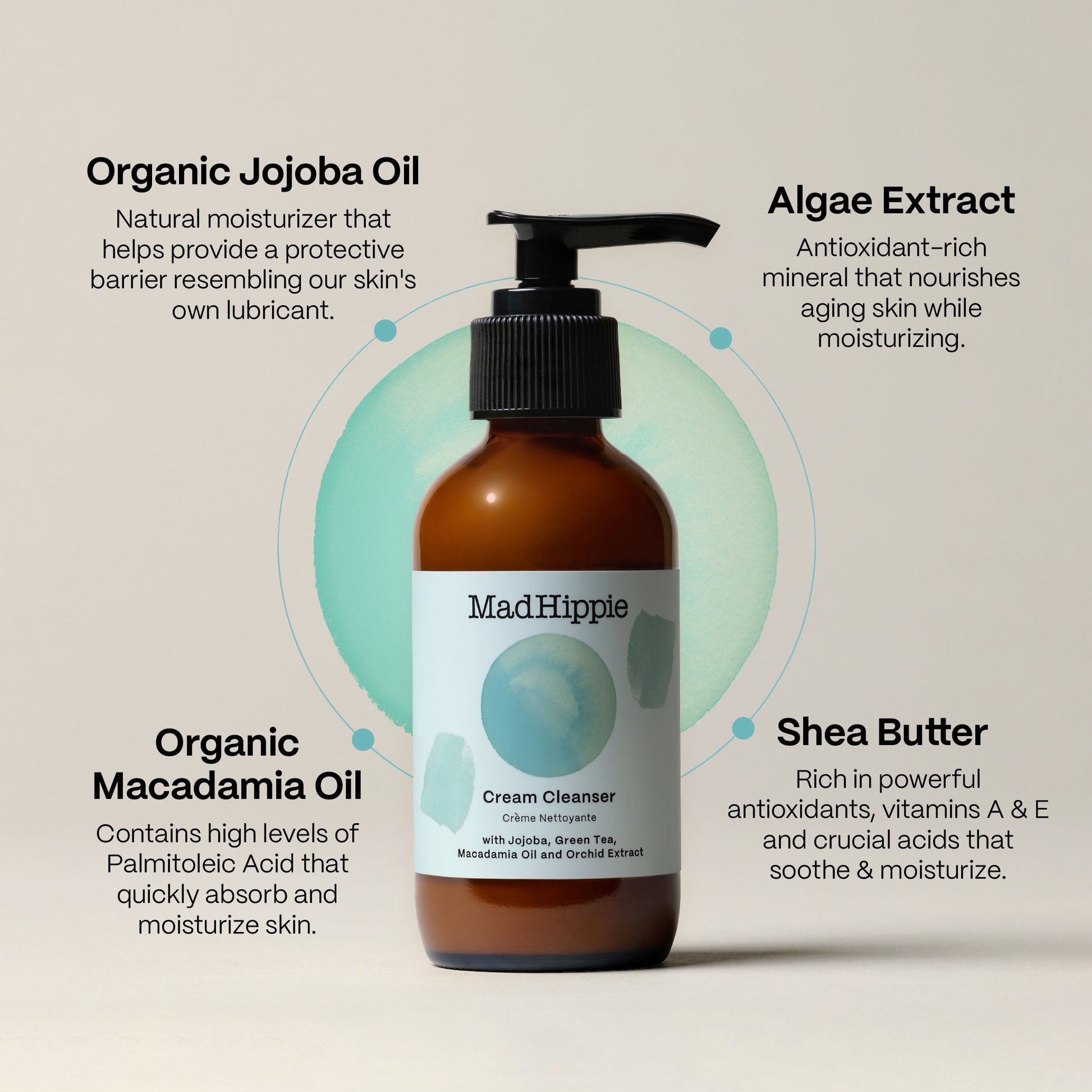 Frasco do creme de limpeza MAD HIPPIE com informações sobre os ingredientes, tais como óleo de macadâmia, óleo de jojoba, extrato de algas e manteiga de karité