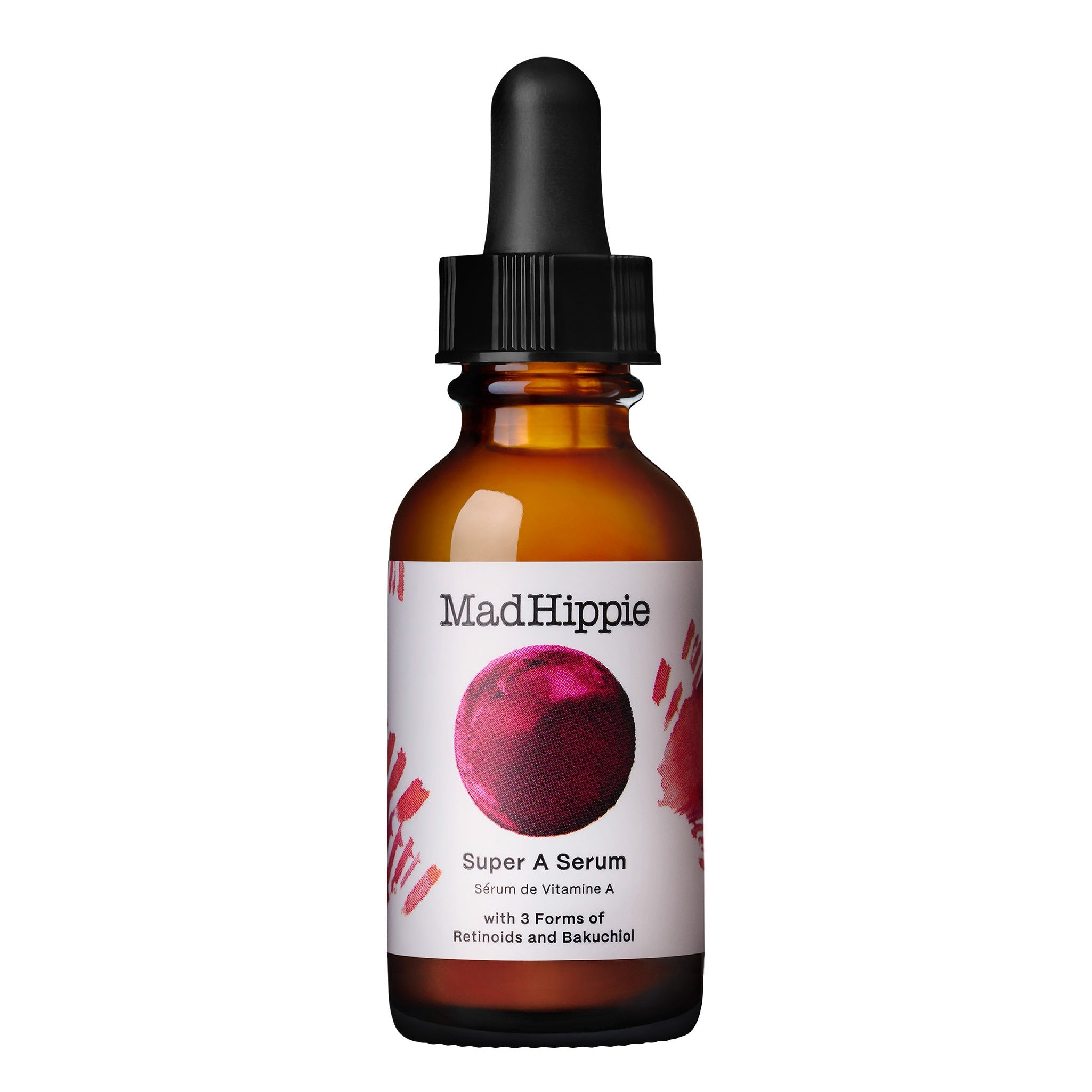 Braune Glasflasche mit Pipette. Etikett mit "Mad Hippie Super A Serum" und rotem Kreis. Serum für die Hautpflege.