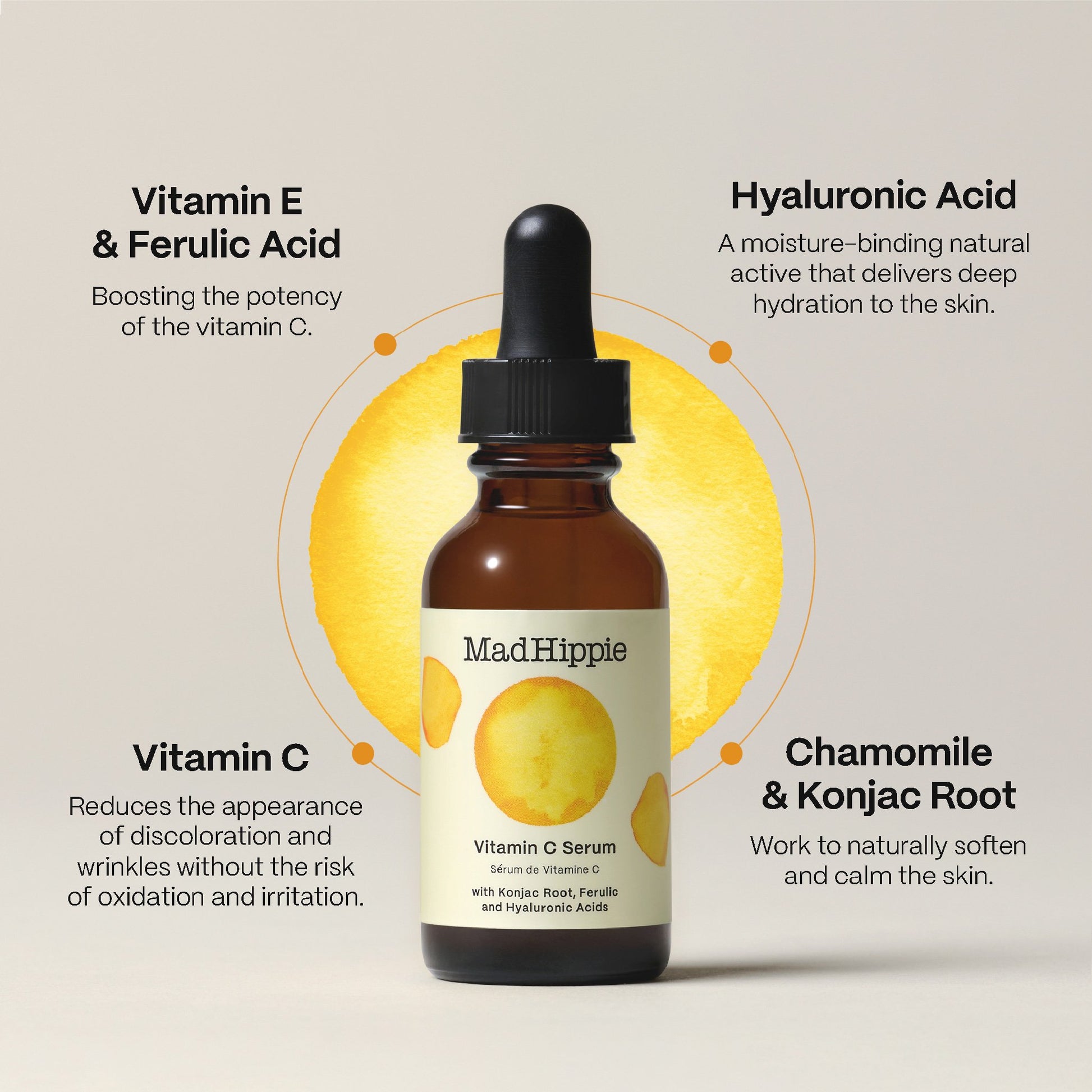 Sérum de vitamina C MAD HIPPIE em frasco com pipeta castanho, com um sol amarelo na frente e informações sobre os ingredientes