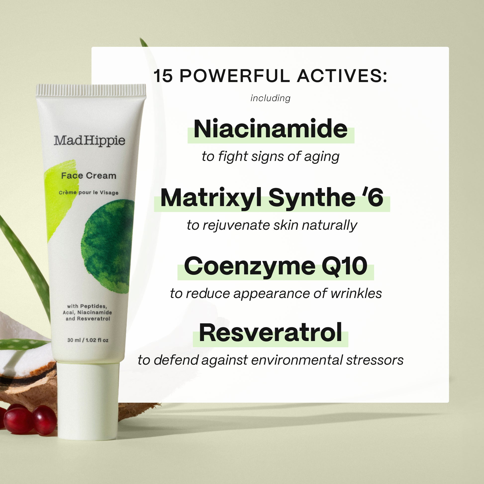 Eine Mad Hippie Face Cream Tube steht vor einer Liste mit 15 aktiven Inhaltsstoffen, darunter Niacinamid, Matrixyl Synthe '6 und Coenzym Q10.